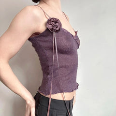 Hnewly Vintage Solid Strap Top Retro Floral Stitching Sleeveless Slim-fitting Crop Tops Women Summer Casual Knitted Tees Grunge