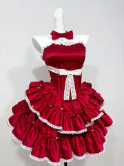 Hnewly Summer New Red Satin Strapless Lolita Dress Women Lace Trim Tiered Ruffle Bow Party Mini Ball Gown Cosplay Costume
