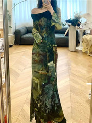 Hnewly Elegant Vintage Green Print Dresses Y2k Skew Collar Long Sleeve Dress for Women Spring New Slim Fit Bodycon Vestidos Mujer