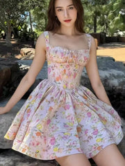 Hnewly Women's Elegant Dresses French Print Summer New 2025 Casual Slim Waist A-Line Square-Collar Pleated Spaghetti Strap Vestidos