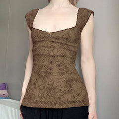 Hnewly Vintage y2k Square Collar Crop Top Cute Coquette Floral Print Slim-fitting Tee Shirt for Summer Retro Harajuku Women Tees