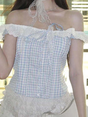 Hnewly Sweet Cute Plaid Lace Spliced Slim Fit Women Camisole Tops Bow Button Ruched Fashion Trendy Chic Blouses