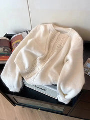 Hnewly Elegant Hollow Out O-neck Sweater Soft Short Knitted Cardigan Women's Spring Autumn 2025 New Korean Long Sleeved Jacket