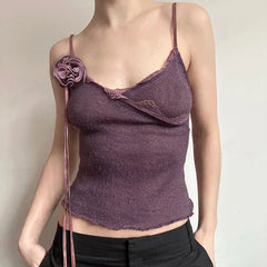 Hnewly Vintage Solid Strap Top Retro Floral Stitching Sleeveless Slim-fitting Crop Tops Women Summer Casual Knitted Tees Grunge