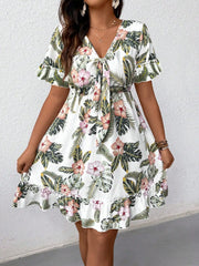 Lunivop Tropical Floral Print Front Knotted Short Sleeve Casual Dress Vacation Outfit