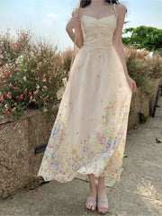 Hnewly Summer French Print Embroidery Women's Dresses 2025 Prairie Chic Elegant V-Neck Pleated Lace-up Long Dress New Fashion Casual