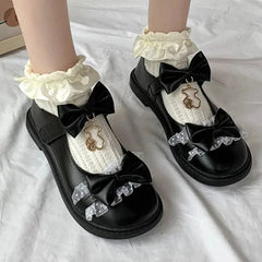 Hnewly Lolita Kawaii Mary Janes Shoes Women Japanese Style Bow Design Sweet Flat Shoes Ladies Pure Color Lace Chic Sandals Autumn