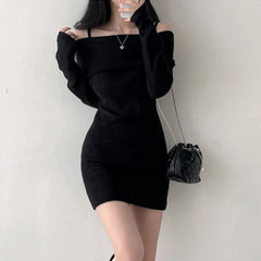 Hnewly Y2K Women Knitted Mini Dress Korean Sexy Off Shoulder Female Dress Spring New Spaghetti Strap Long Sleeve Ladies Vestidos