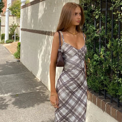 Hnewly Vintage Plaid Print V-neck Maxi Dress Sexy Backless Spaghetti Straps Sundresses Autumn Club Party Women Slim Vestidos