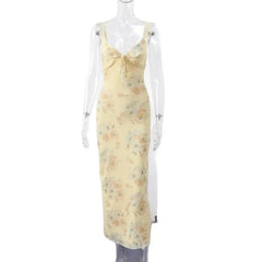 Hnewly Retro V Neck Dresses Yellow Sleeveless Flower Print Maxi Long Dress Elegant High Waist Female Holiday Party Vestidos