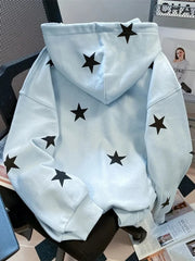 Hnewly Stars Print Hoodies Women Vintage Streetwear Long Sleeve Loos Blue Sweatshirts Casual Pockets Lace Up American Fall Tops