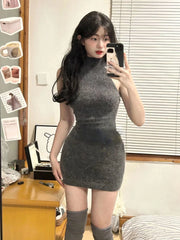 Hnewly Autumn Elegant Knitted Suit Woman Korean Fashion 2 Piece Set Sexy Sleeveless Slim Mini Dress + Casual Short Cardigan Chic