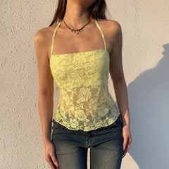 Hnewly Summer Casual Bandage Backless Lace Camis Holiday Casual Patchwork Lace-up Halter Cropped Top y2k Aesthetic Tees Vintage