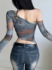 Hnewly Asymmetry Mesh T Shirts for Women Sexy See Through Long Sleeve Print Crop Tops y2k Grunge Print Shirts Vintage Coquette