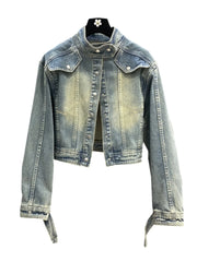 Hnewly Women Standing Collar Denim Short Jacket Washed Polished White Retro Motorcycle Outwear Spring Fashion Slim Long Sleeved Top