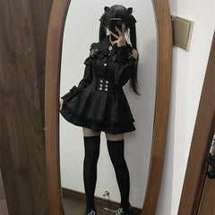 Hnewly Japanese Black Short Skirt Set Gothic Ruffle Mini Skirts Sexy Lace Off Shoulder Lolita Shirt Gown Faldas Y2k Aesthetic Suit