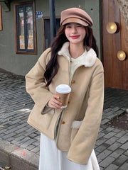 Hnewly Women Faux Lamb Suede Jacket Winter Warm Long Sleeve Sweet Cotton Coat Korean Pockets Female Thick Vintage Outwear Tops
