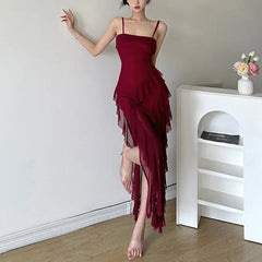 Hnewly DRESS TO IMPRESS New Sexy Backless Lace-up Sling Dresses Summer High Waist Women's Dress Solid Slim Fashion Slash Neck Ruffled Midi Dress