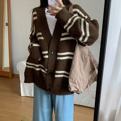 Hnewly Women Cardigan Sweater Striped V-neck Button-up Sweater Jacket Comfy Cozy Slouchy Cardi Autumn Winter Casual Outfit