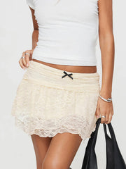 Hnewly Women's Summer Chic Lace Floral Sheer Skirts Bow Decor Low Rise A-Line Mini Skirts Streetwear Aesthetic Clothes