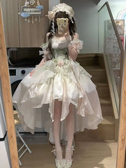 Hnewly Midsummer Dream Pink and Green Front Short Back Long Wedding Dress Lolita Dress Lolita Tailing Puffy Princess Dress