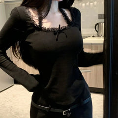 Hnewly Lace T Shirt for Women Spring Slim Crop Top Korean Halter Long Sleeve Tees Y2k Solid Ladies Tshirts Femme Bow Sweet Clothing New