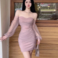 Hnewly French Sexy Halter Mesh Party Strapless Dress Women Spring Elegant Long Sleeve Slim Waist Wrapped Short Dresses Vestido