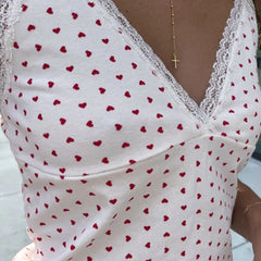 Hnewly y2k Sweet Heart Print Crop Top Cute Coquette Lace Stitching V neck Sleeveless Camis Women Casual Kawaii Strap Tops Basic
