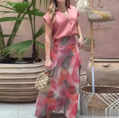 Hnewly Two Piece Set of Sleeveless Top with Waist Cinching and Fashionable Printed Skirt for Women Elegant Style Skirt Set