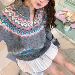 Hnewly Women Fair Isle Sweater Cardigan Cute Pink Cozy Chunky Knit Collared Zip-up Sweater Jacket Teen-girl Fall Winter 90s Outfit