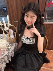 Hnewly Summer New Fashion Mini Dresses American Black Gothic Evening Party Clothing Women Elegant Sweet Lace Short Dress Vintage Chic