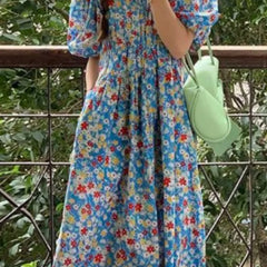 Hnewly Vestidos Mujer Sweet Spring Summer Blue Print Floral Vintage Woman Dress Korean Fashion Puff Sleeve Long Dress
