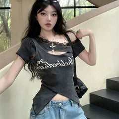 Hnewly Korean Chic Letter Print Women T Shirt Y2K Sexy Hot Girl Hollow Out Slim Crop Tops Summer Lace Patchwork Casual Tees Female