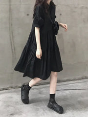 Hnewly Slimming Vintage Black Dress Summer New Style Fashionable Casual Wear Polyester Fiber Short Sleeve Standard Fit Gored Skirt