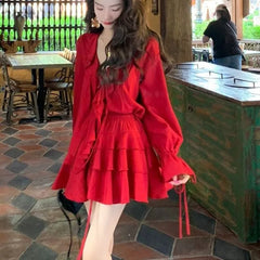 Hnewly DRESS TO IMPRESS Elegant V-neck Ruffles Long Sleeve Tops Women+ Y2k E-Girl High Waist Ruched A-line Skirts Spring New Red Two Piece Sets