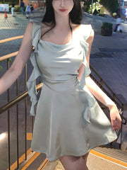 Hnewly wedding guest outfit Elegant Sleeveless Satin Mini Dress Women Summer Korean Short Design Spaghetti Strap Vintage Fairy Sweet Female Clothing