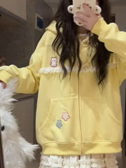 Hnewly Women Cute Cartoon Hoodies Vintage Lace Patchwork Loose Sweet Sweatshirts Fall Preppy Style Japan Pockets Lady Kawaii Tops