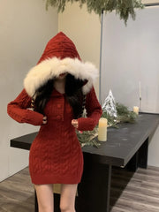 Hnewly Winter Knitted Sweater Dress Hooded Women Slim Bodycon Y2k Mini Dress Faux Fur Female One Piece Dress Korean Elegant