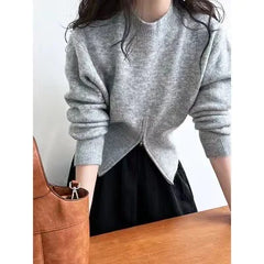 Hnewly Cinched Waist Sweater for Women Pullovers Long Sleeve Mock Neck Plain Knitted Jumper with Zip Front Trendy Fall Winter Outfit