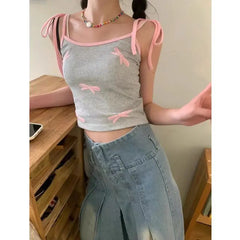 Hnewly Y2K Chic Bow Print Camisole Summer New Korean Women's Slim Short Strap Tank Top with Fashionable Color Mix