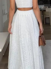 Hnewly Sleeveless Lace Hollow Out Eyelet Crop Top and High Waist A Line Maxi Skirt Two - Piece Set for Women