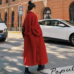 Hnewly New Large Size Hepburn Style Red Woolen Coat for Women Autumn and Winter Fat Mm Loose Long Thick Woolen Coat
