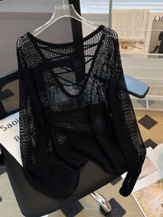 Hnewly Black White Striped Ice Silk Knitted Sweater Women Long Sleeved Loose Lazy Style Mesh Pullover Spicy Girl Hollow Out Top