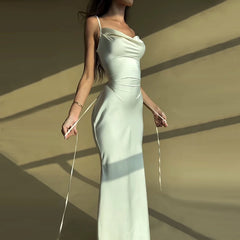 Hnewly wedding guest outfit Cross Bandage Long Satin Dress Women Spaghetti Strap Backless Maxi Dress Summer Elegant Party Dresses