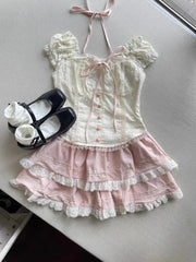Hnewly Summer Sweet Slash Neck Slim 2-piece Set Women Fashion Cute Off Shoulder Lace Up Tops Pretty Chic Lovely Lace Short Skirt New