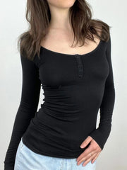 Hnewly rave inspo outfits Back See Through Lace Patchwork Elegant Sexy Black T Shirt Women Button Up O Neck Slim Long Sleeve Solid Basic Tees