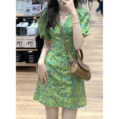 Hnewly Summer Pink Kawaii Lolita Dress Women Mini Puff Sleeve Beach Casual Elegant Fairy Dress Print Korea Cute Party Dress Female