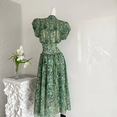 Hnewly Elegant Vacation-style Green Floral Dress with Stretch Waist Cinching Full-length Dress Korean Fashion Short Sleeve Summer Dress