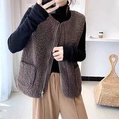 Hnewly casual winter outfits Women Warm Faux Lamb Fur Sleeveless Coat With Pockets Zipper Casual Cardigan traf Jackets Office Coat Vest Winter Autumn