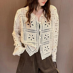 Hnewly Embellished Crochet Cardigan for Women Long Sleeves Button-up Polo Collar Openwork Knitted Jacket Boho Chic Vacation Outfit